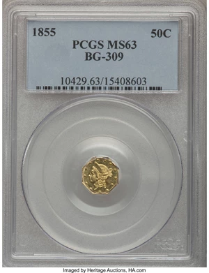 image for: 1855 50C Liberty Octagonal 50 Cents, BG-309, R.5, MS63 PCGS....
