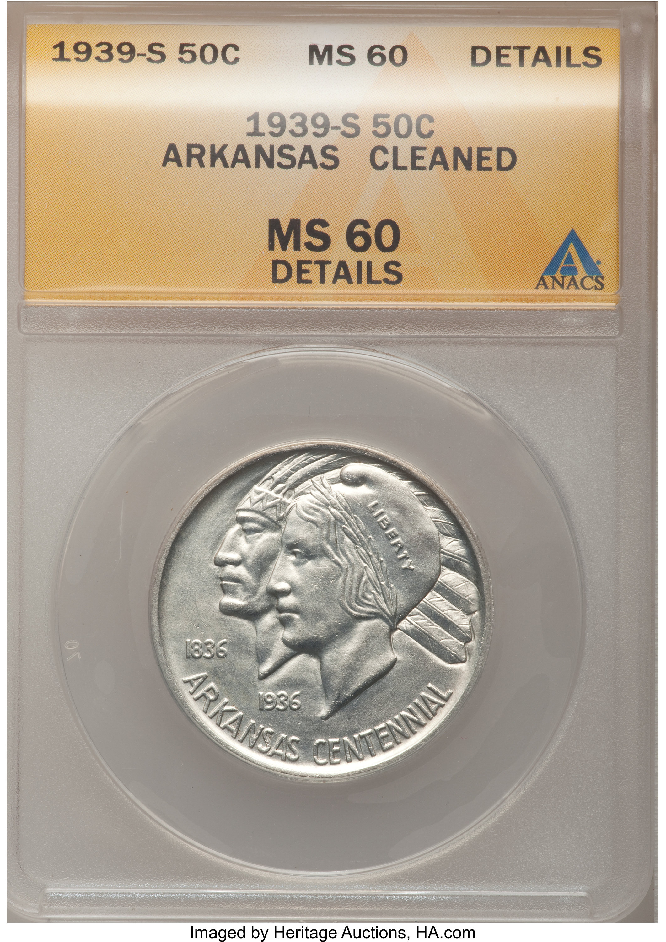 1939-S 50C Arkansas--Cleaned--ANACS. MS60 Details. NGC Census: (0/449). PCGS Population (0/668). Mintage: 2,105. Numismedia...