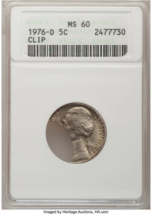 image for: 1976-D 5C Jefferson Nickel Five-Cents Clip MS60 ANACS. NGC Census: (0/52). PCGS Population (0/128). Mintage: 563,964,160. Nu...