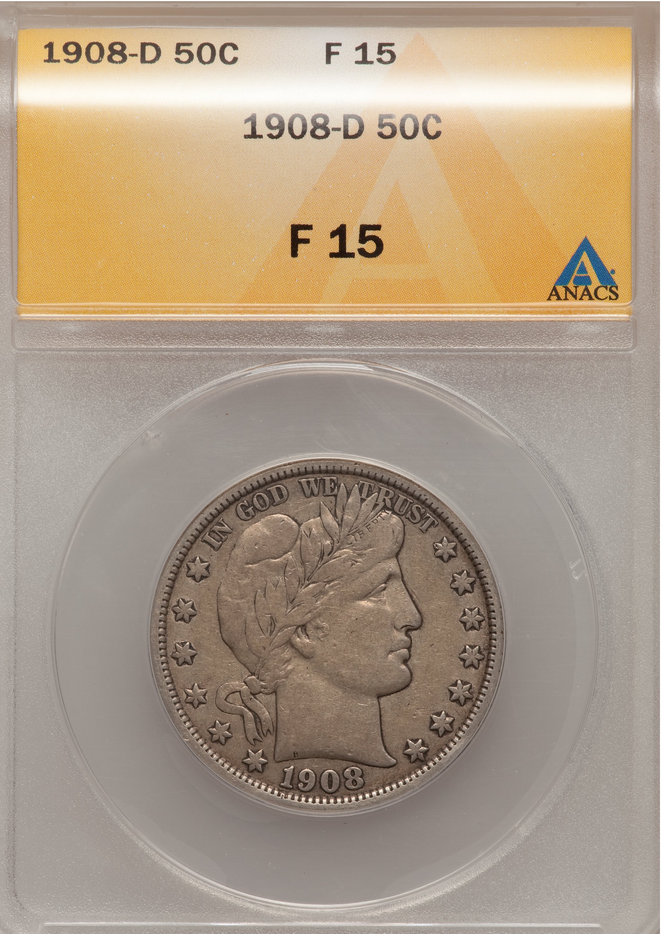 1908-D 50C Fine 15 ANACS. NGC Census: (1/217). PCGS Population (6/365). Mintage: 3,280,000. Numismedia Wsl. Price for probl...