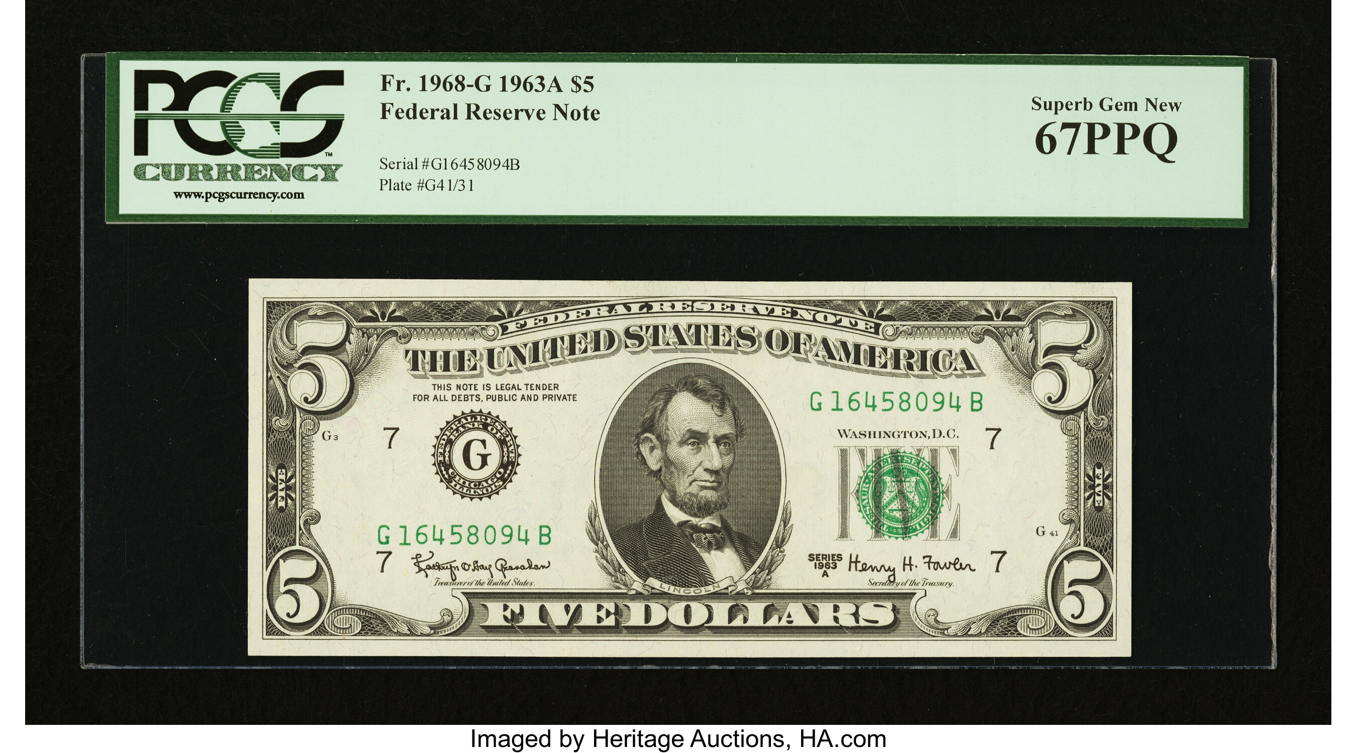 image for: Fr. 1968-G $5 1963A Federal Reserve Note. PCGS Superb Gem New 67PPQ....