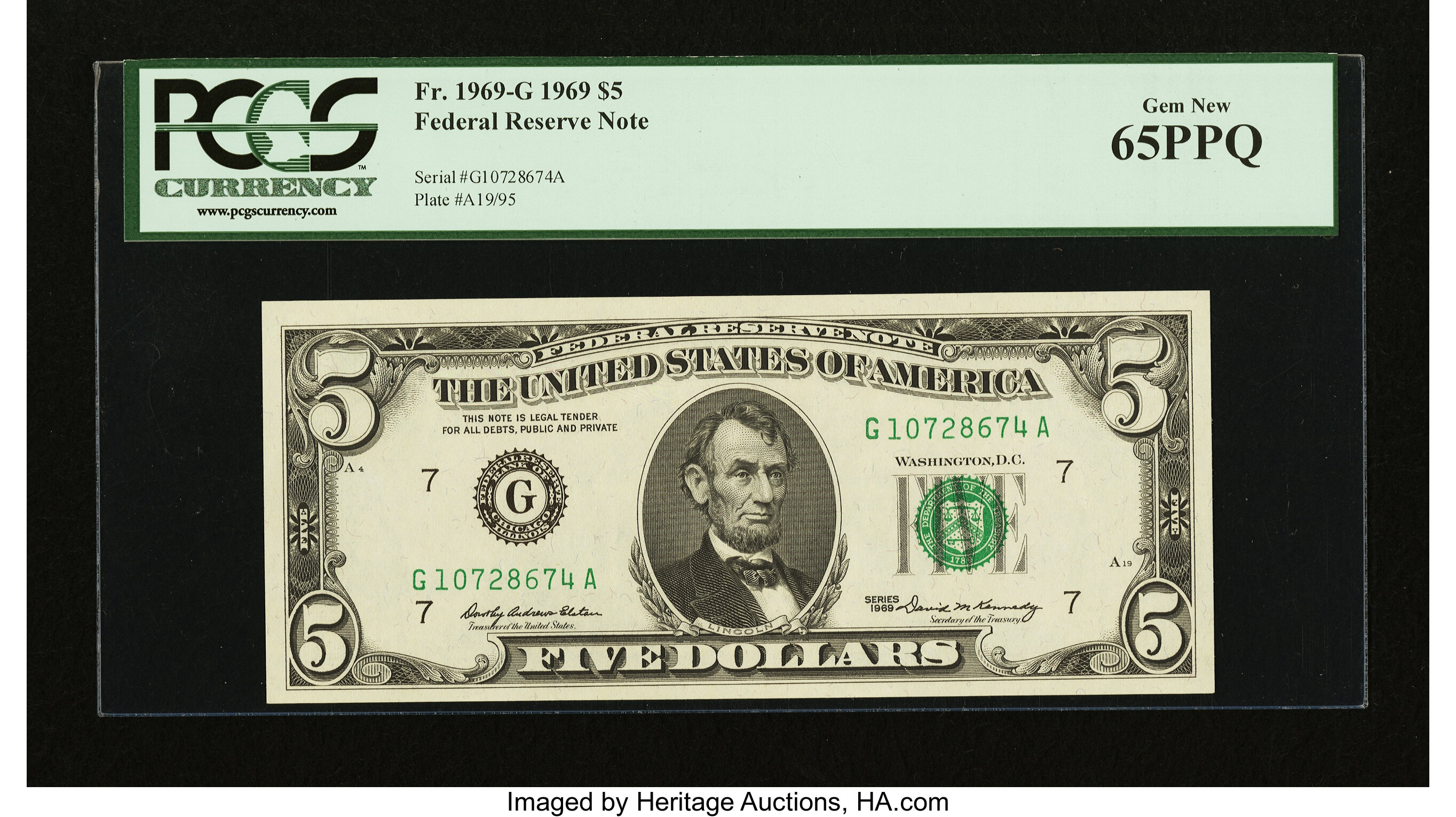 image for: Fr. 1969-G $5 1969 Federal Reserve Note. PCGS Gem New 65PPQ....