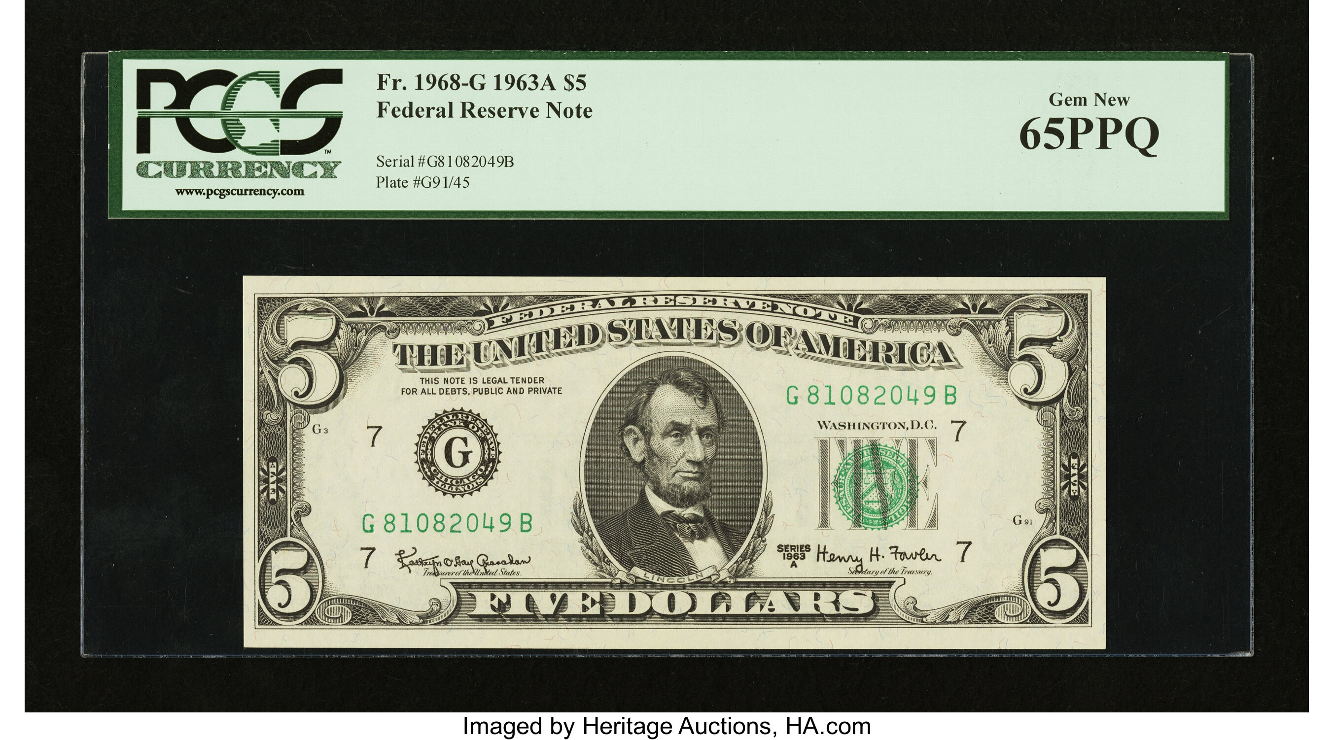 image for: Fr. 1968-G $5 1963A Federal Reserve Note. PCGS Gem New 65PPQ....