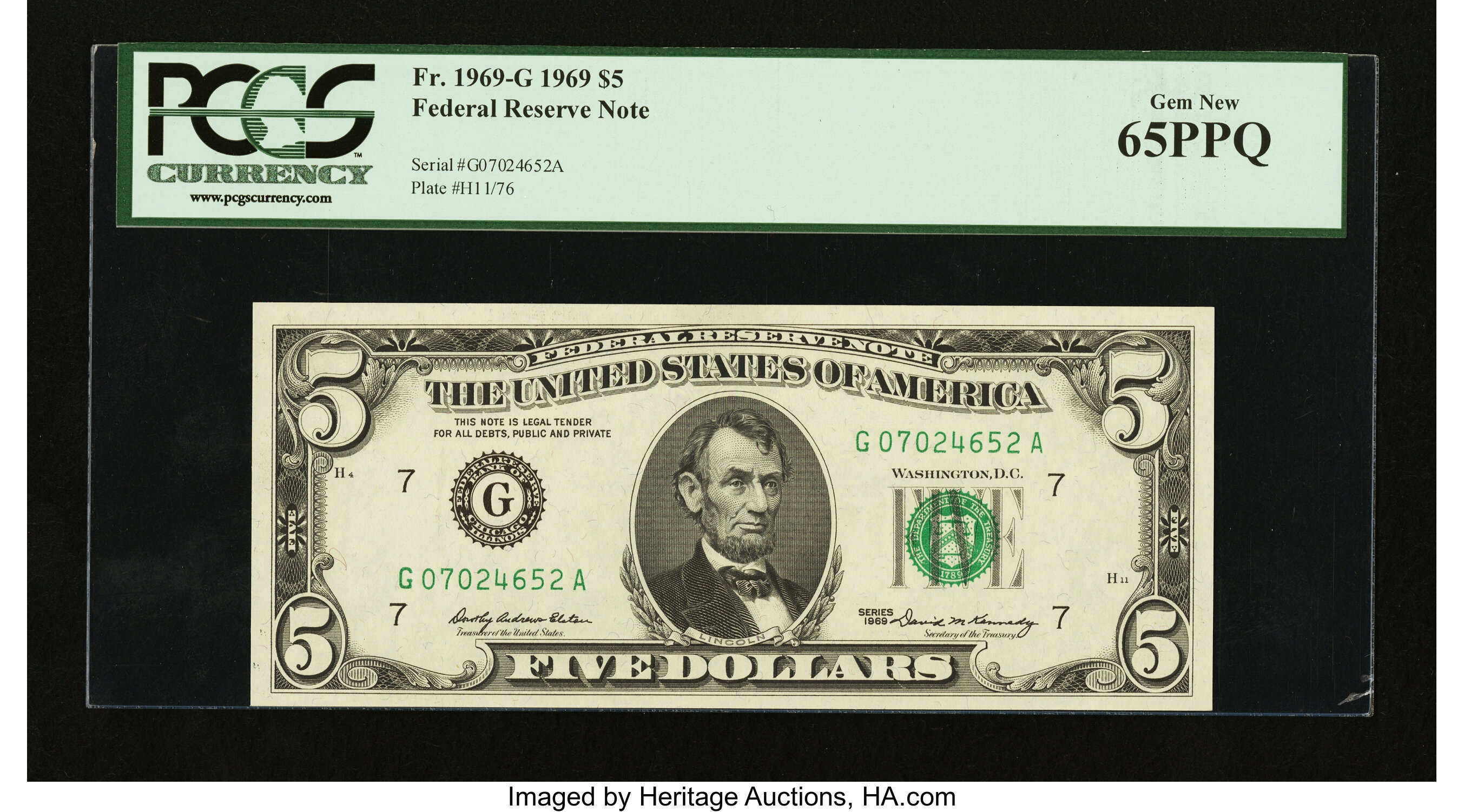 image for: Fr. 1969-G $5 1969 Federal Reserve Note. PCGS Gem New 65PPQ....