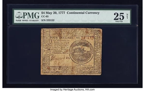 image for: Continental Currency May 20, 1777 $4 PMG Net Very Fine 25....