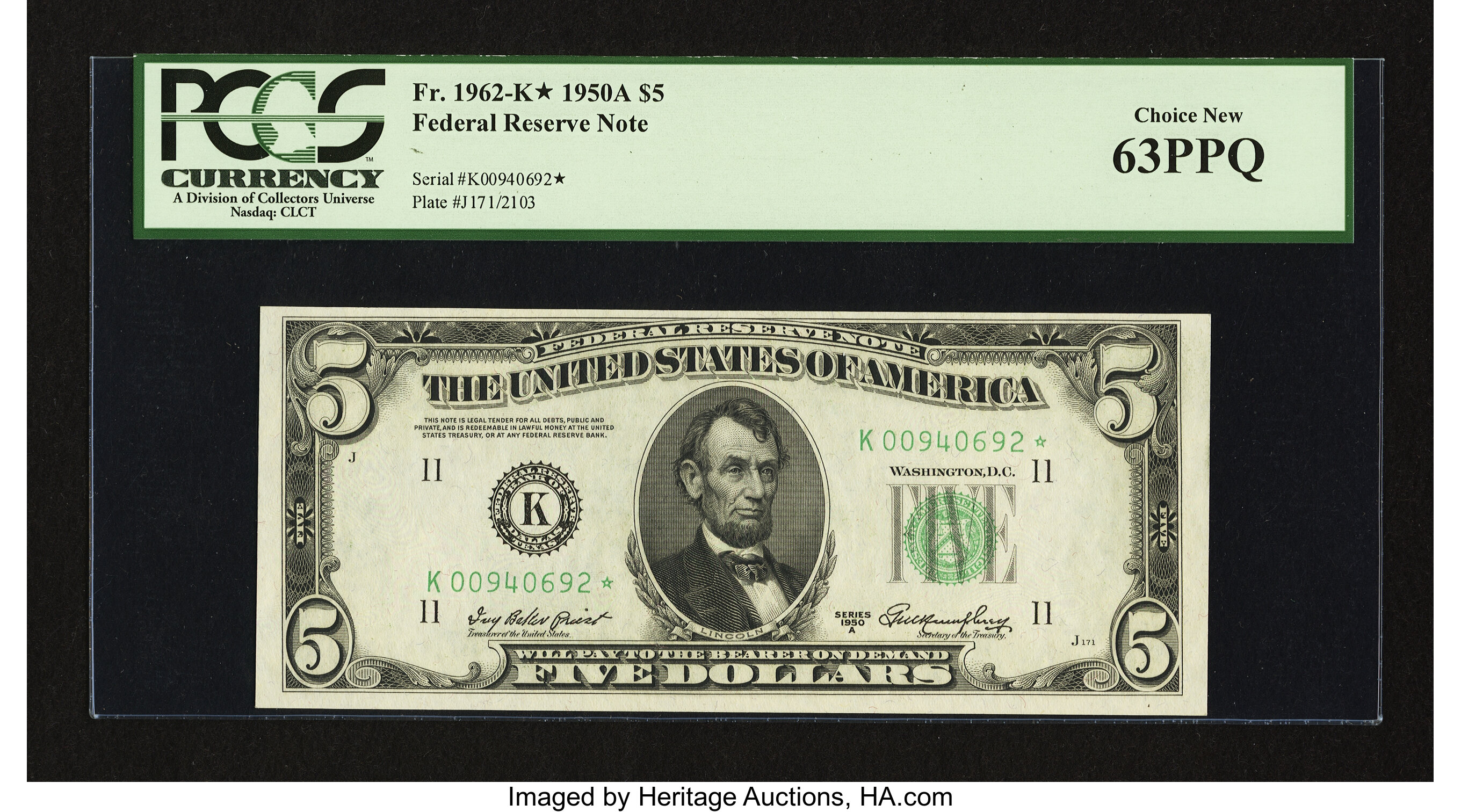 image for: Fr. 1962-K* $5 1950A Federal Reserve Note. PCGS Choice New 63PPQ....