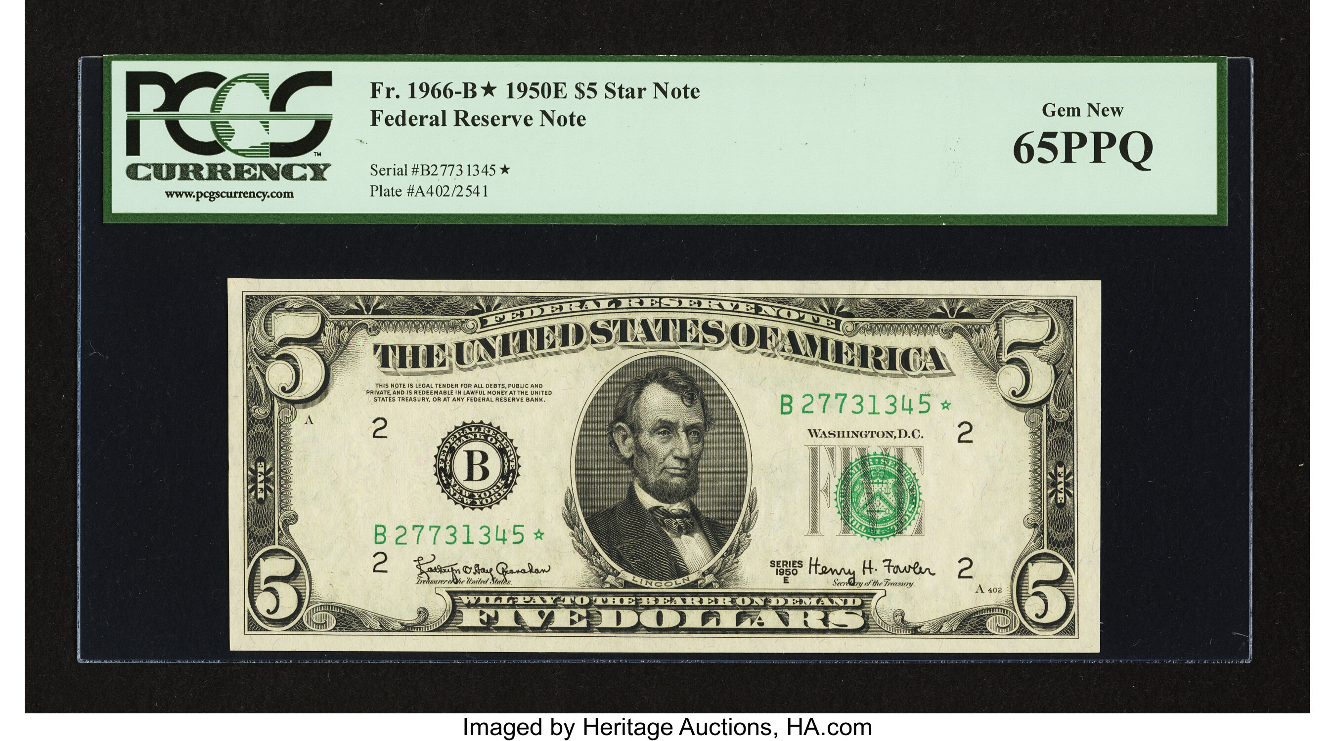 image for: Fr. 1966-B* $5 1950E Federal Reserve Note. PCGS Gem New 65PPQ....