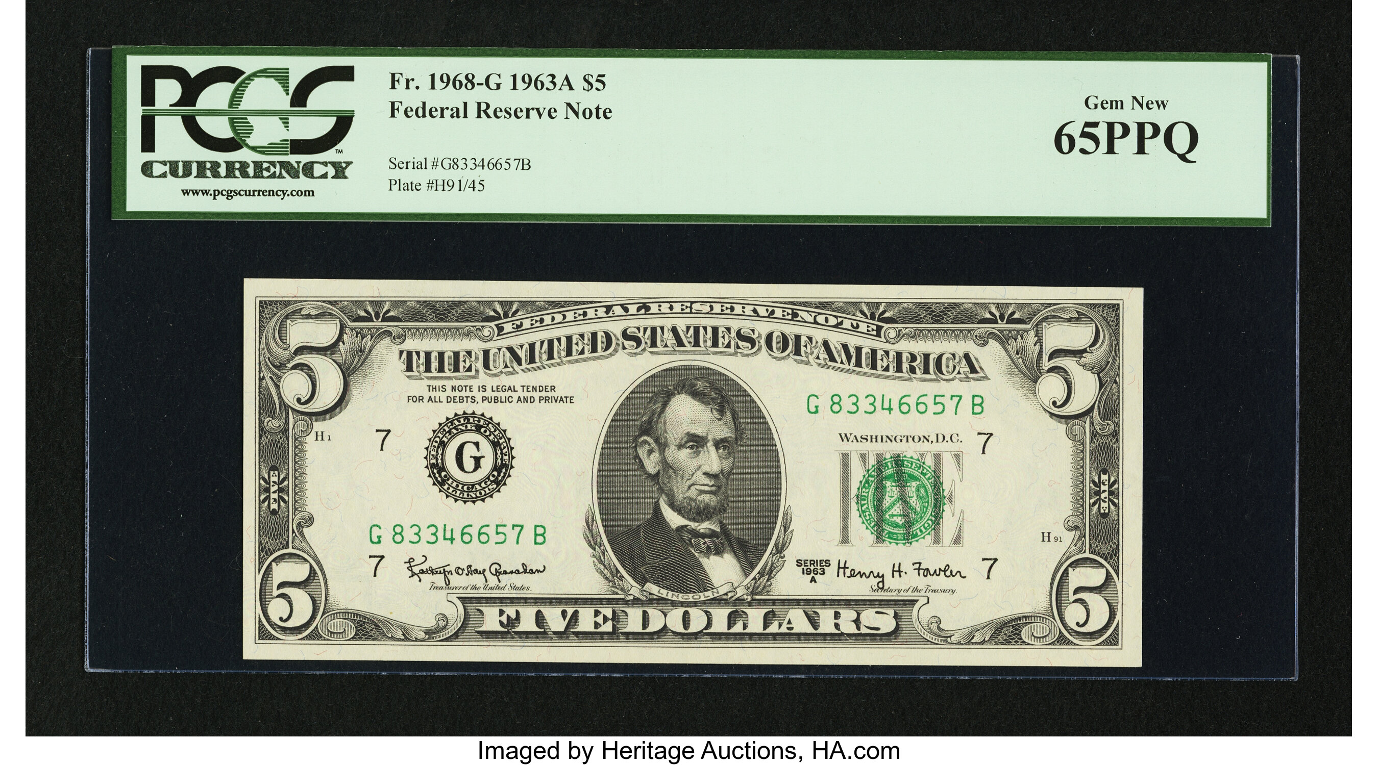 image for: Fr. 1968-G $5 1963A Federal Reserve Note. PCGS Gem New 65PPQ....