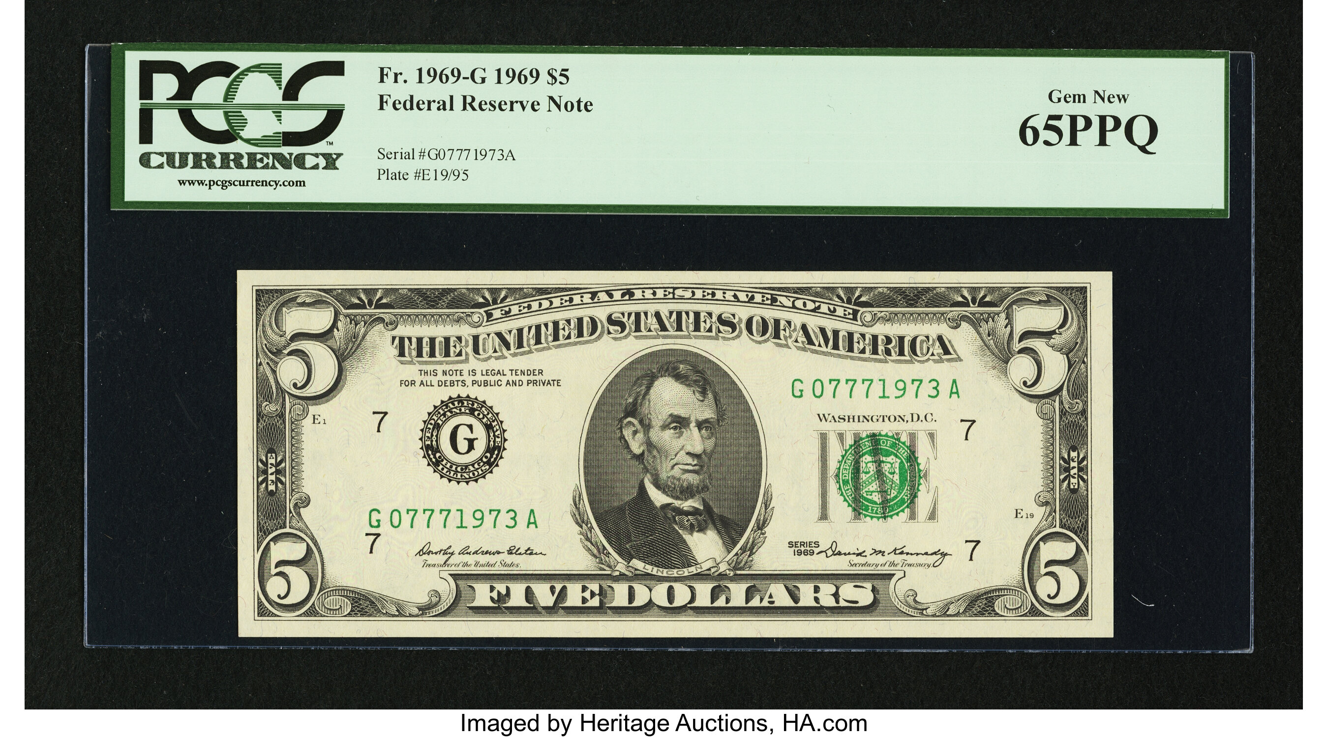 image for: Fr. 1969-G $5 1969 Federal Reserve Note. PCGS Gem New 65PPQ....