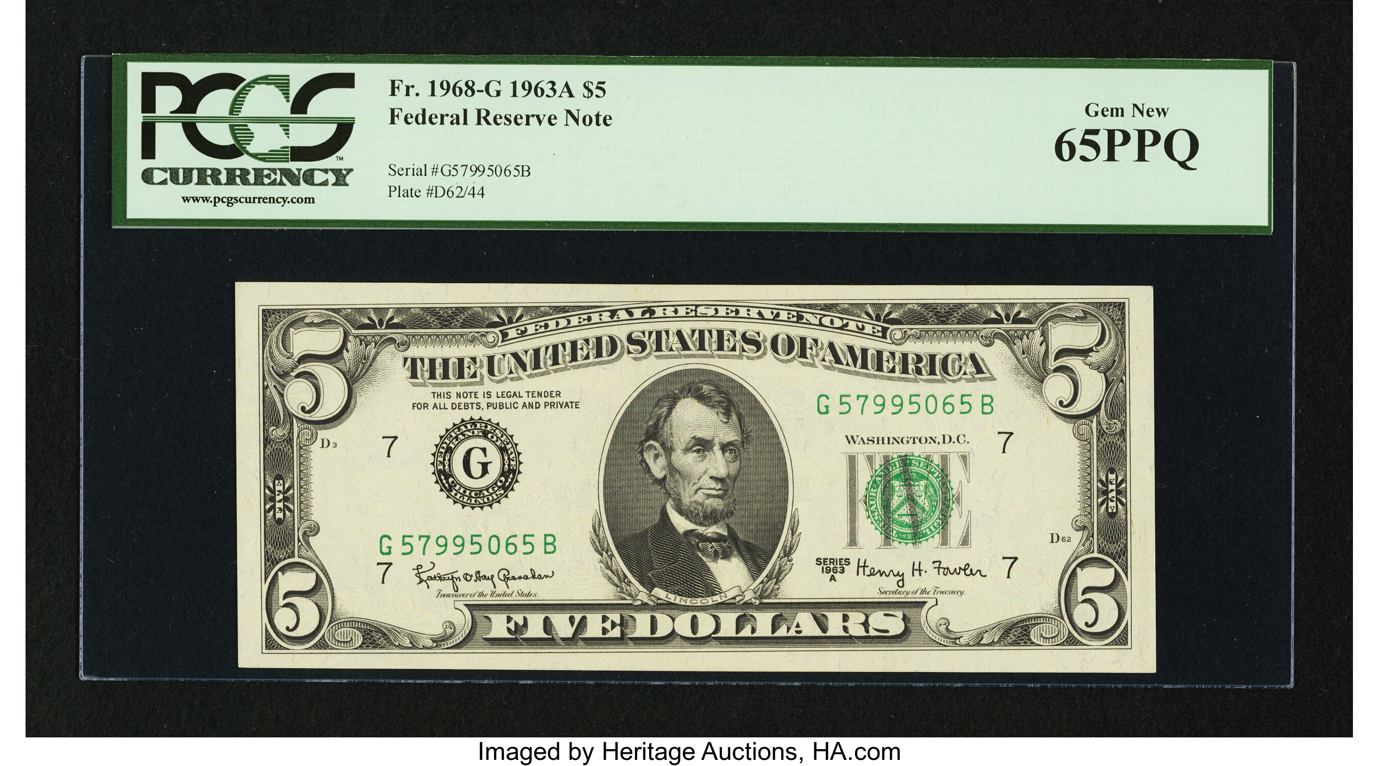 image for: Fr. 1968-G $5 1963A Federal Reserve Note. PCGS Gem New 65PPQ....