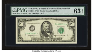 image for: Fr. 2111-E* $50 1950D Federal Reserve Star Note. PMG Choice Uncirculated 63 EPQ....