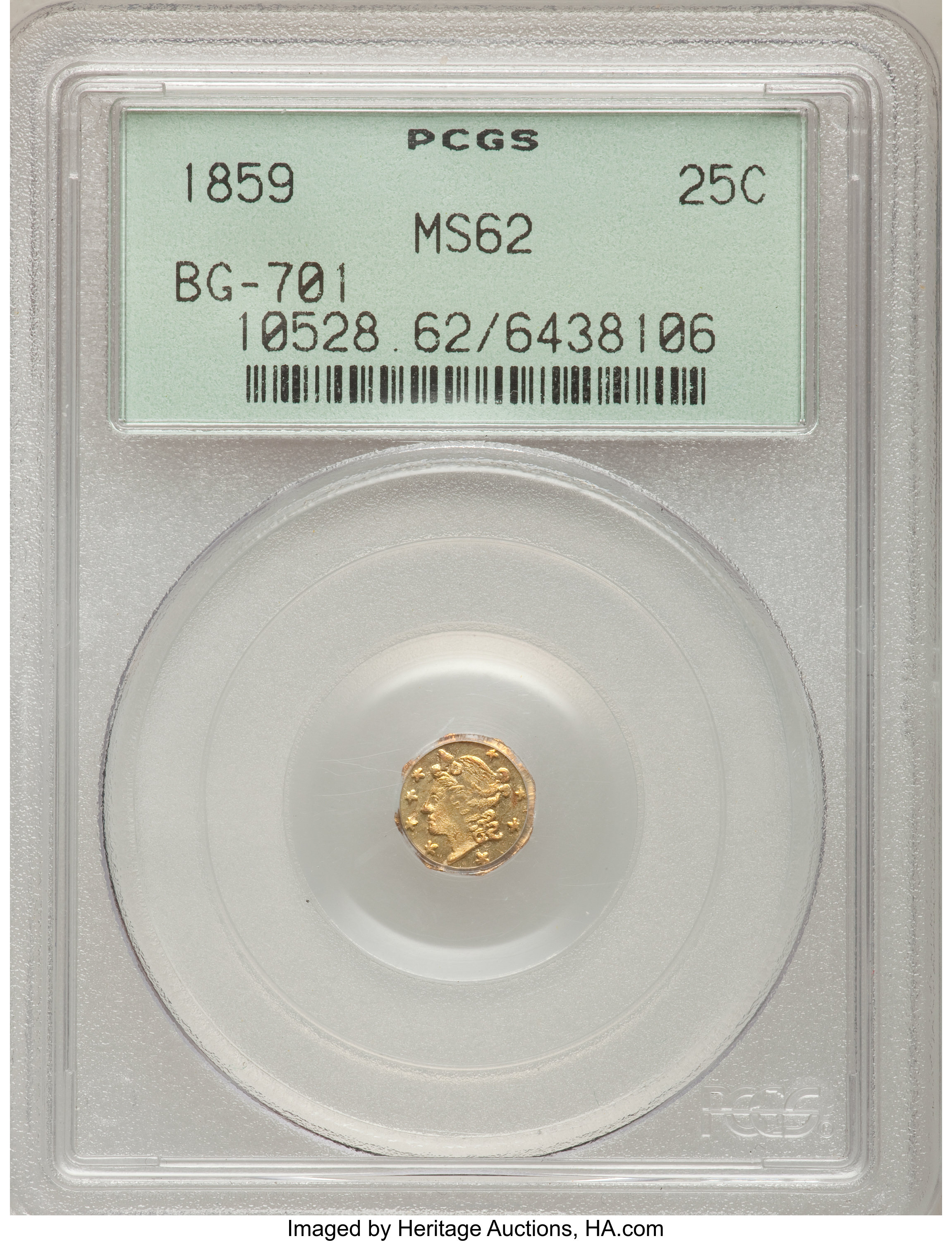 image for: 1859 25C Liberty Octagonal 25 Cents, BG-701, Low R.6, MS62 PCGS. PCGS Population (5/17). NGC Census: (1/2).   (#10528)...