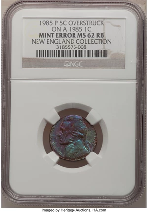 image for: 1985-P 5C Jefferson Nickel--Struck on a 1985 Lincoln Cent--MS62 Red and Brown NGC....
