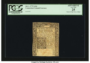 image for: Connecticut July 1, 1775 2s 6d Uncancelled PCGS Apparent Very Fine 25....