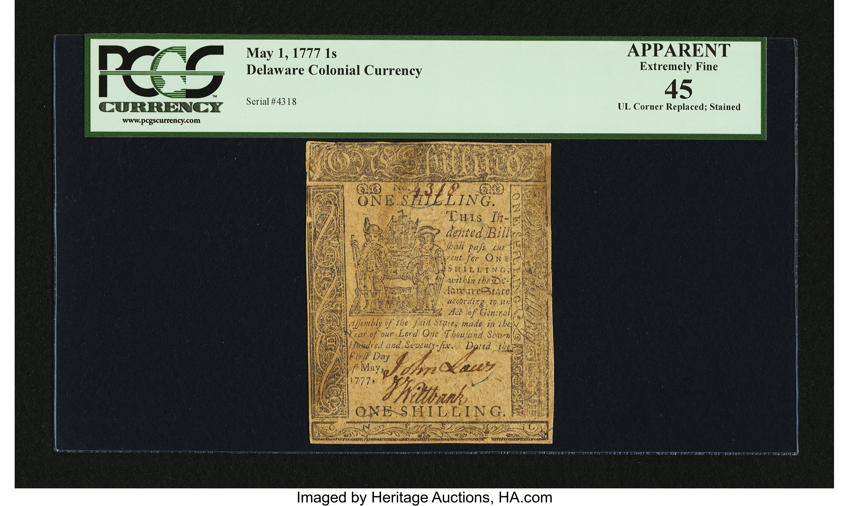 image for: Delaware May 1, 1777 1s PCGS Apparent Extremely Fine 45....