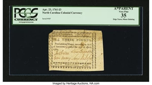 image for: North Carolina April 23, 1761 £3 PCGS Apparent Very Fine 35....