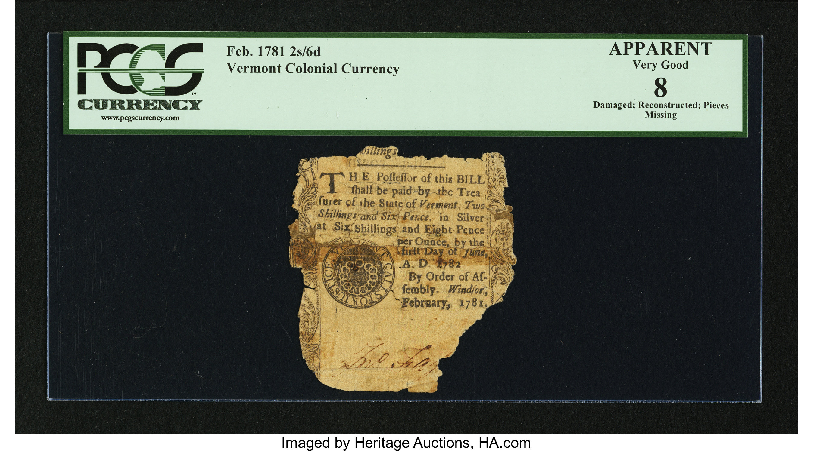 image for: Vermont February 1781 2s 6d PCGS Apparent Very Good 08....