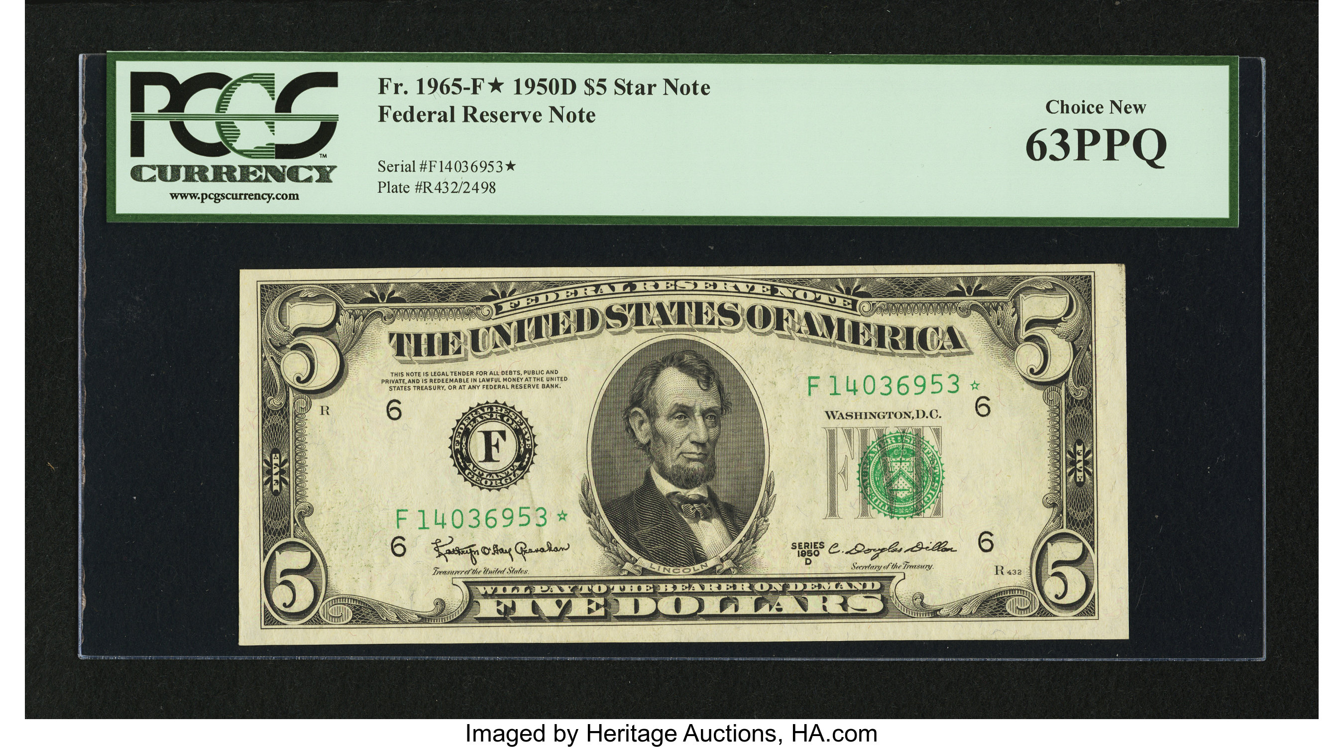 image for: Fr. 1965-F* $5 1950D Federal Reserve Star Note. PCGS Choice New 63PPQ....