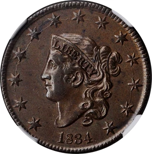 image for: 1834 Matron Head Cent. N-1. Small 8, Large Stars, Medium Letters. AU-58 BN (NGC).