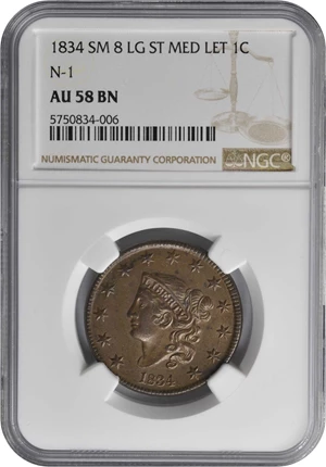 image for: 1834 Matron Head Cent. N-1. Small 8, Large Stars, Medium Letters. AU-58 BN (NGC).