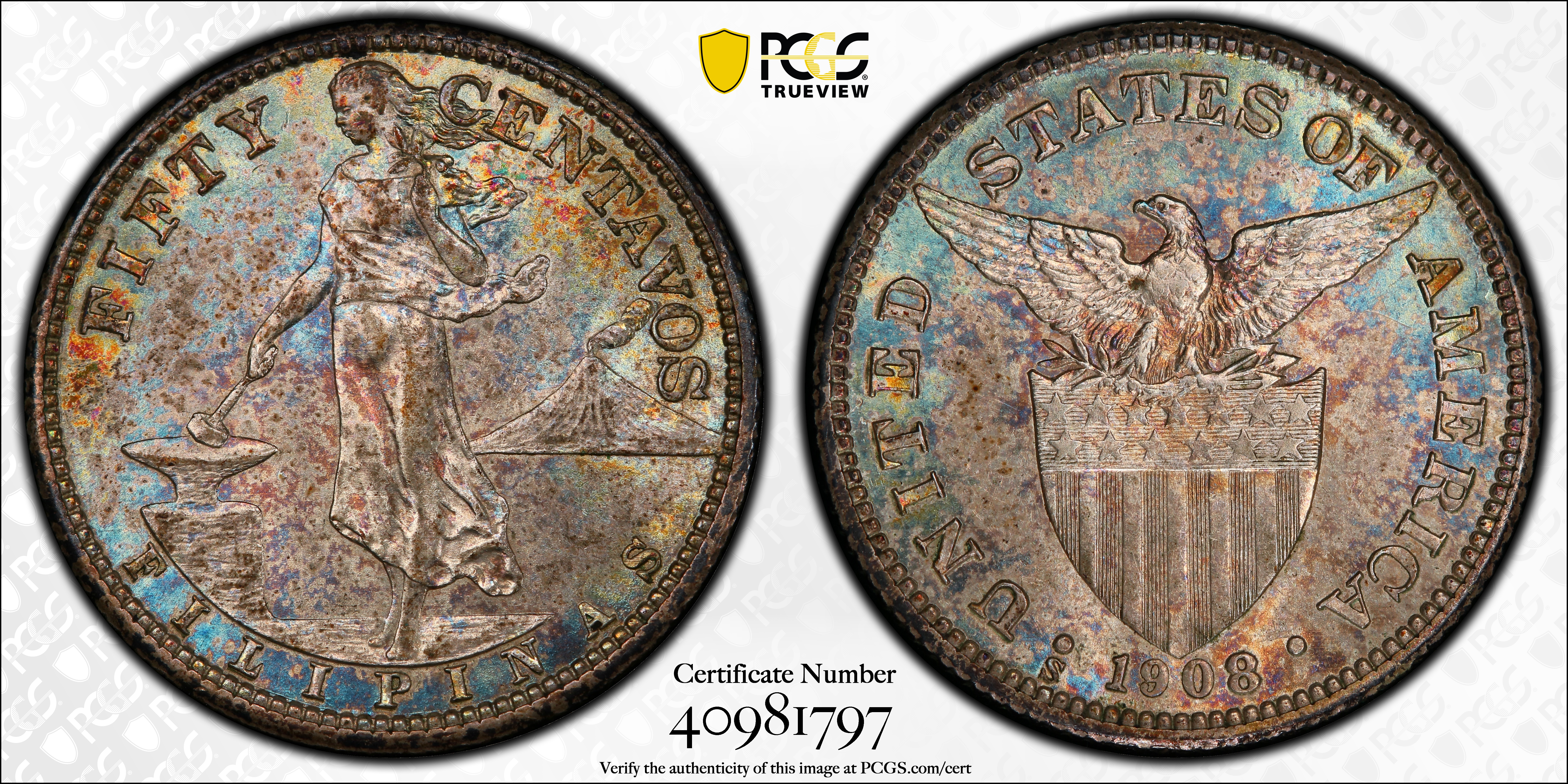 image for: PHILIPPINES. 50 Centavos, 1908-S. San Francisco Mint. PCGS AU-58 Gold Shield.
