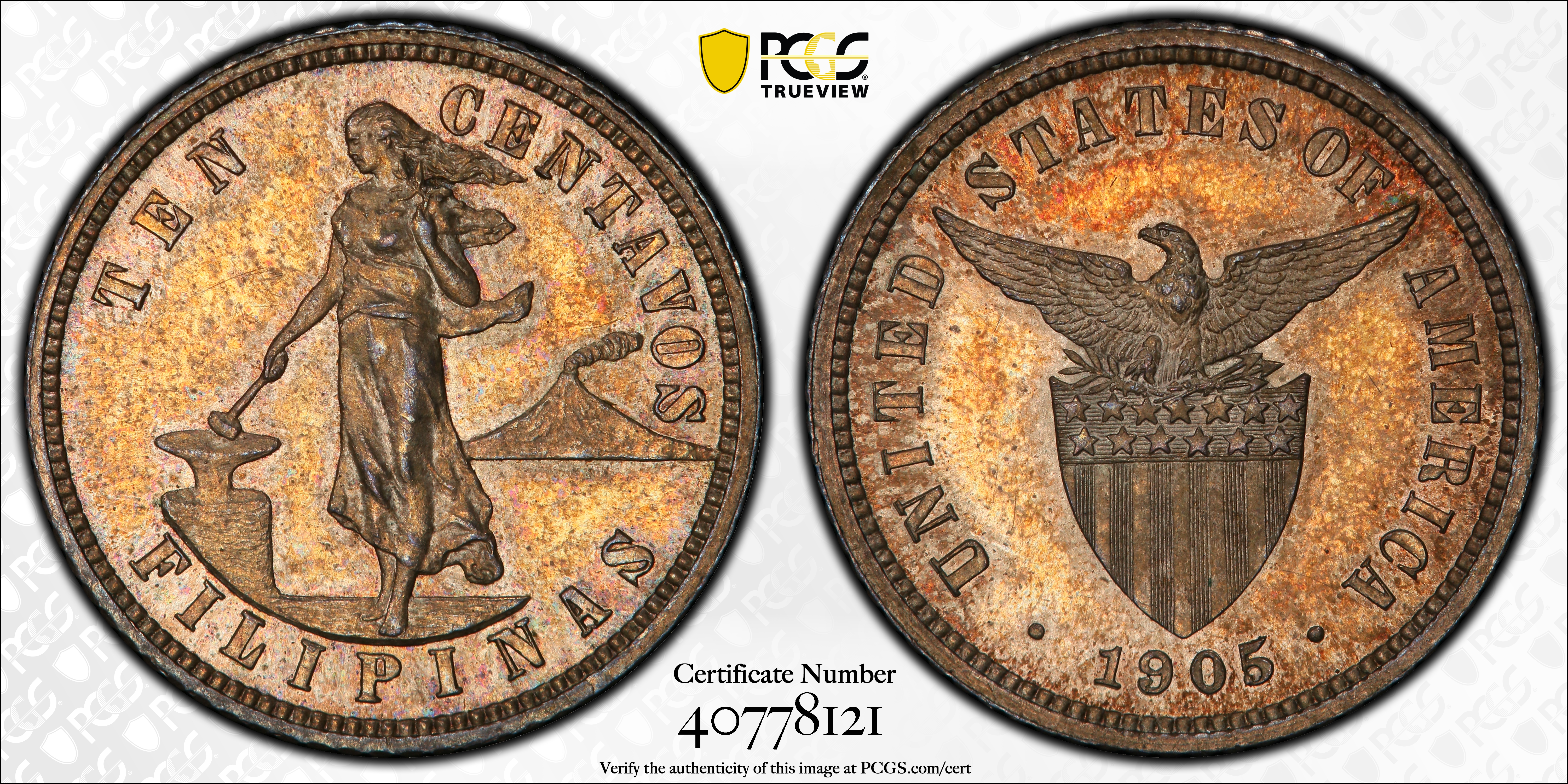 image for: PHILIPPINES. 10 Centavos, 1905. Philadelphia Mint. PCGS PROOF-63 Gold Shield.