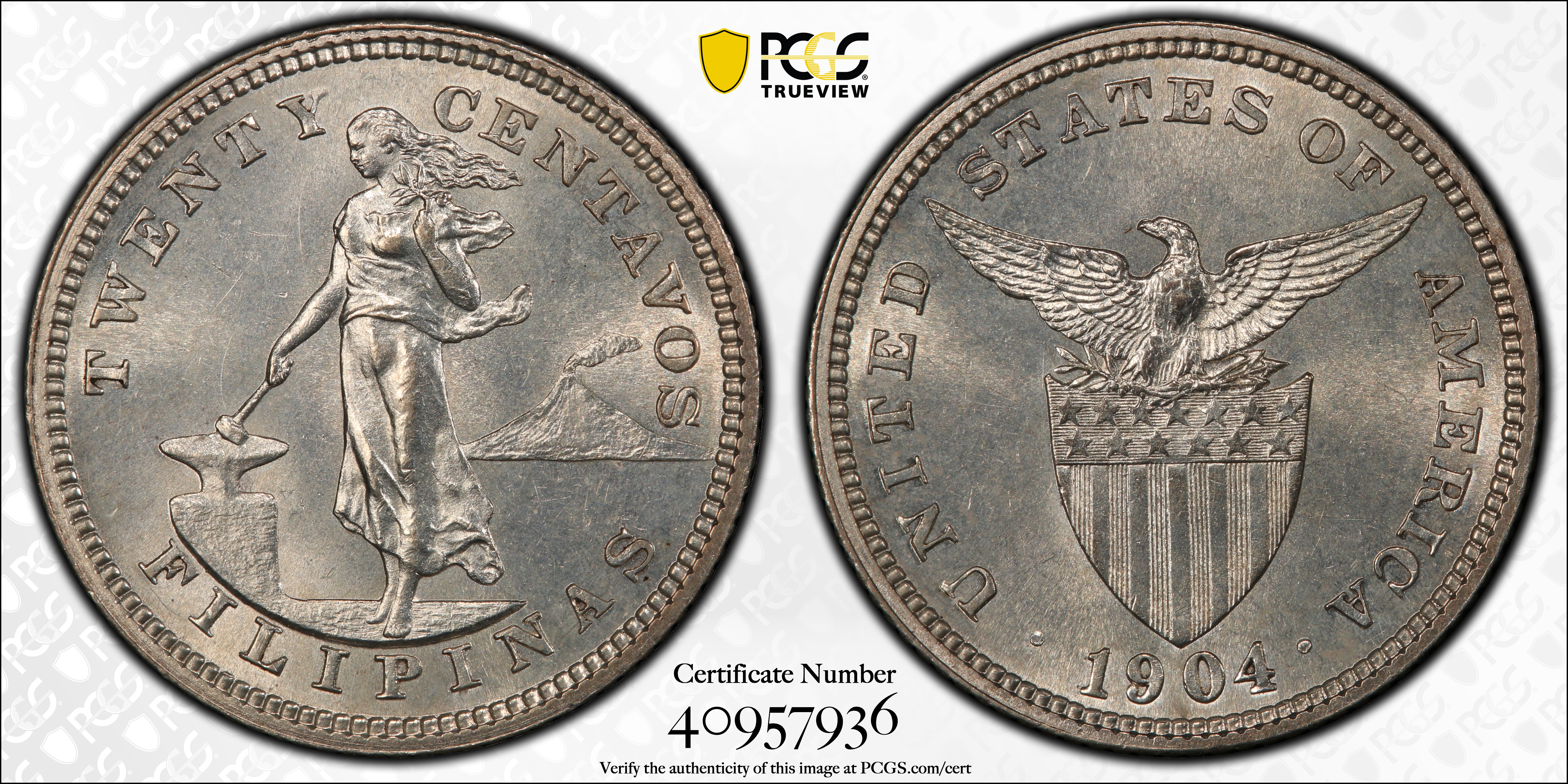 image for: PHILIPPINES. 20 Centavos, 1904. Philadelphia Mint. PCGS MS-63 Gold Shield.