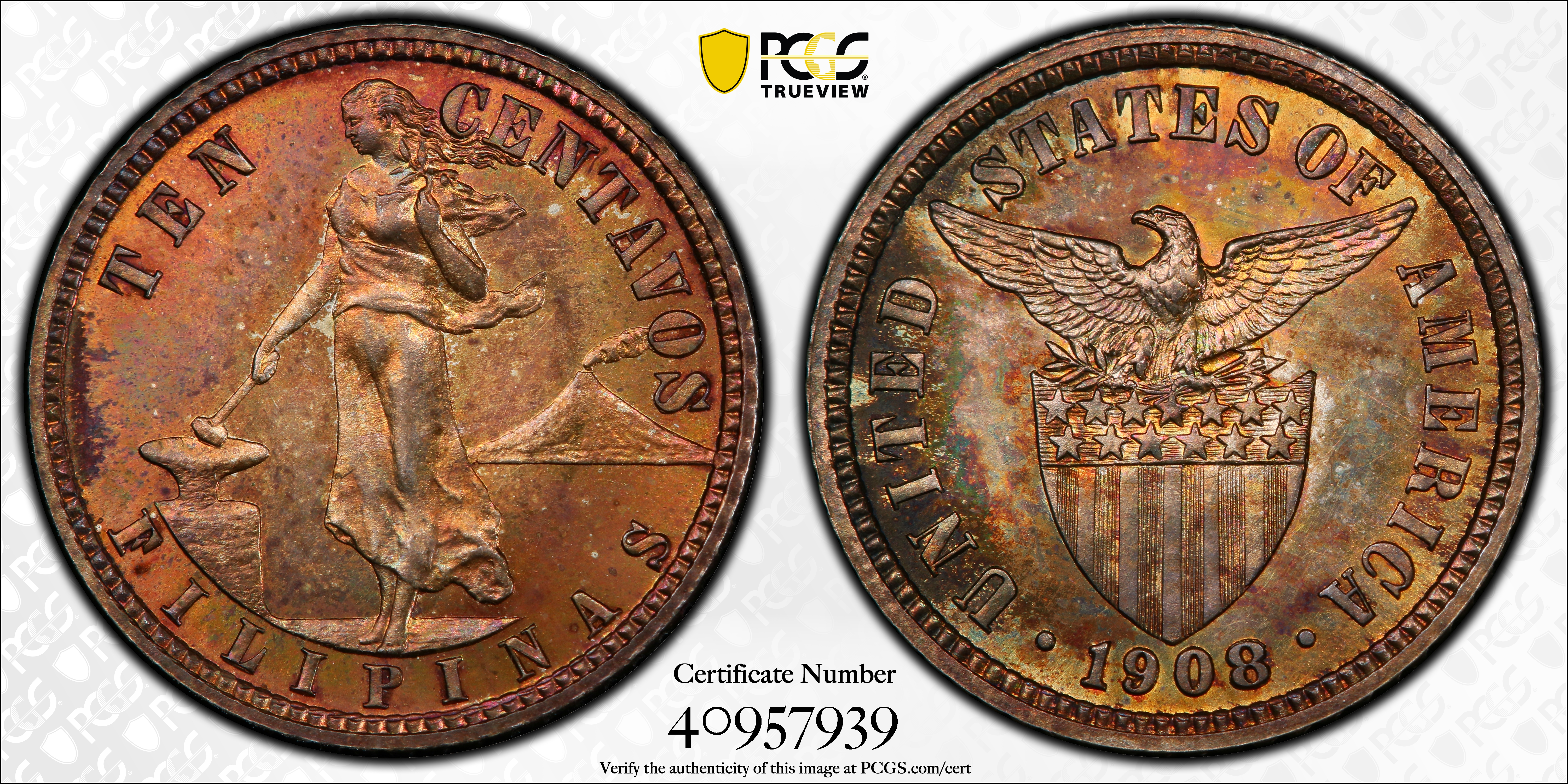 image for: PHILIPPINES. 10 Centavos, 1908. Philadelphia Mint. PCGS PROOF-65 Gold Shield.