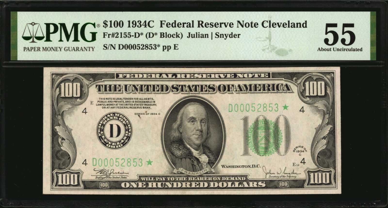 image for: Fr. 2155-D*. 1934C $100 Federal Reserve Star Note. Philadelphia. PMG About Uncirculated 55.