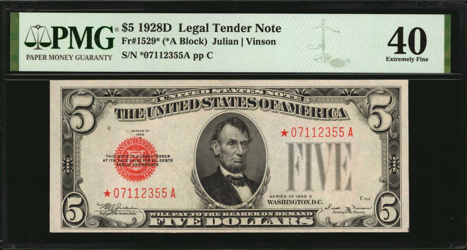 image for: Fr. 1529*. 1928D $5 Legal Tender Star Note. PMG Extremely Fine 40.