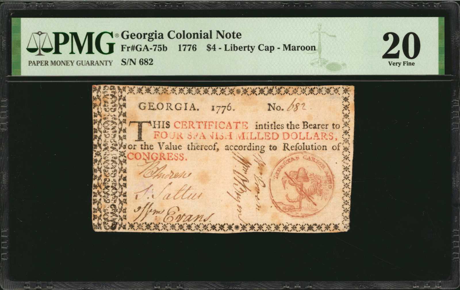 image for: GA-75b. Georgia. 1776. $4. PMG Very Fine 20.
