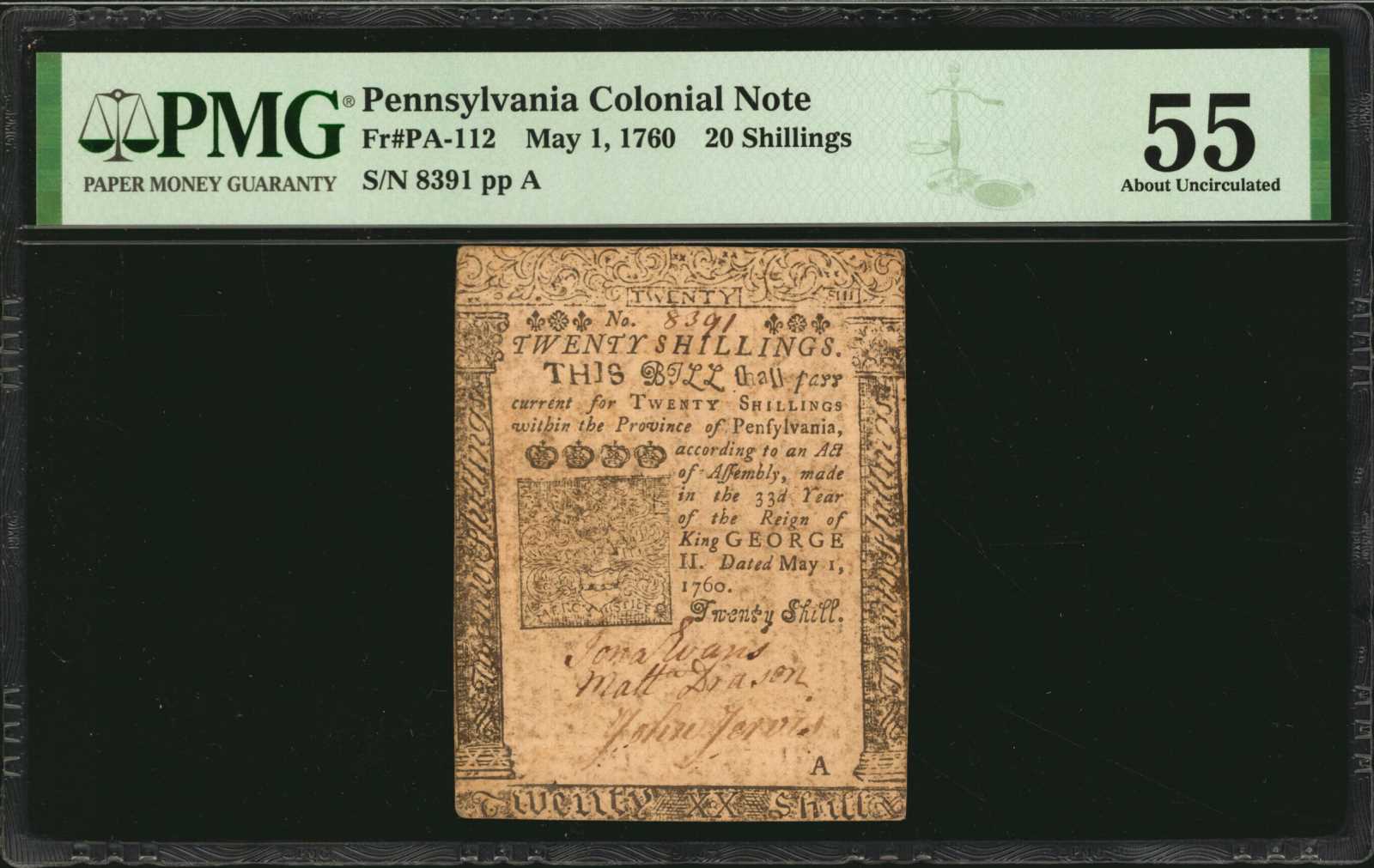 image for: PA-112. Pennsylvania. May 1, 1760. 20 Shillings. PMG About Uncirculated 55.
