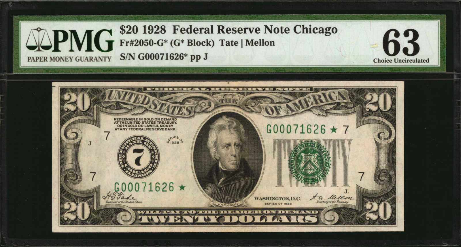image for: Fr. 2050-G*. 1928 $20 Federal Reserve Star Note. Chicago. PMG Choice Uncirculated 63.