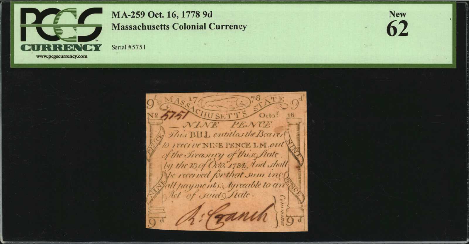 image for: MA-259. Massachusetts. October 16, 1778. 9 Pence. PCGS Currency New 62.