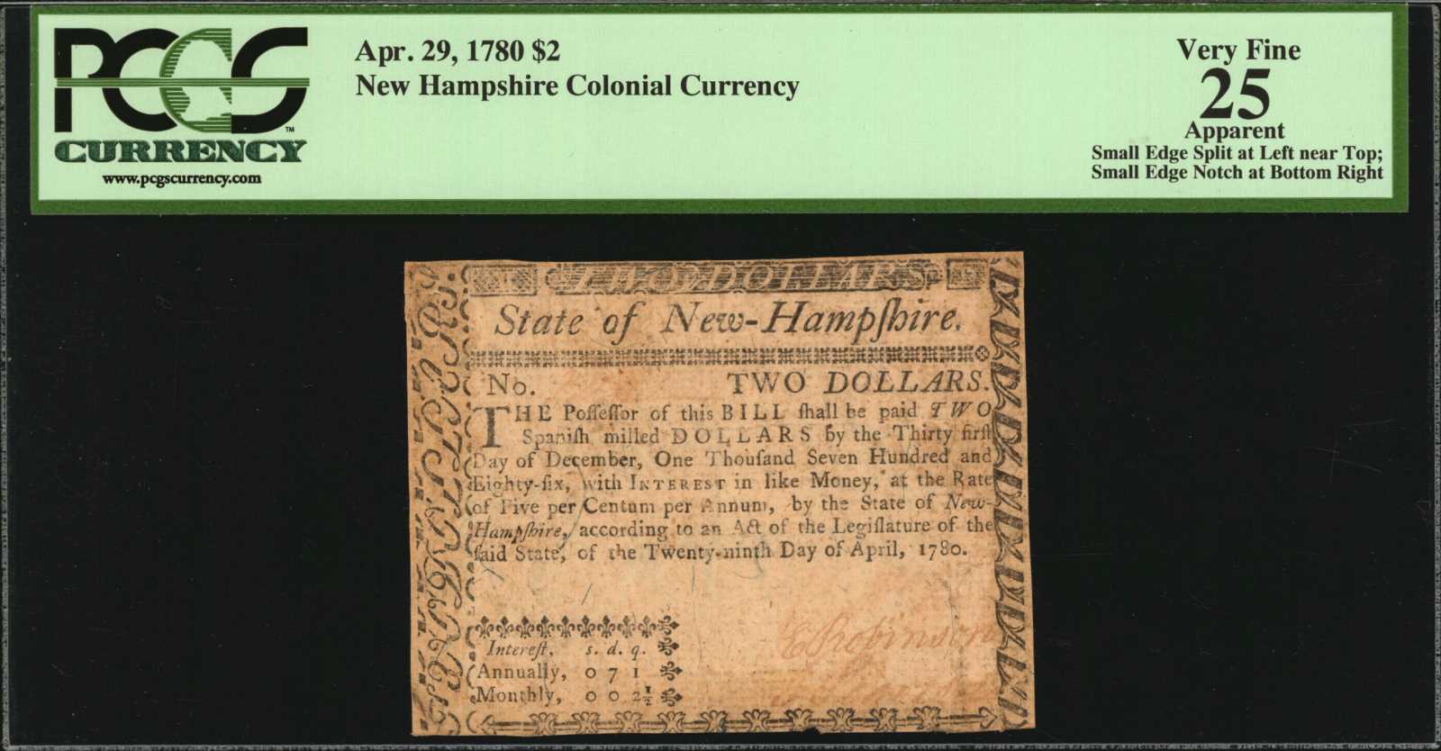 image for: NH-180. New Hampshire. April 29, 1780. $2. PCGS Currency Very Fine 25 Apparent. Small Edge Split at Left near Top; Small Edge Notch at Bottom Right.