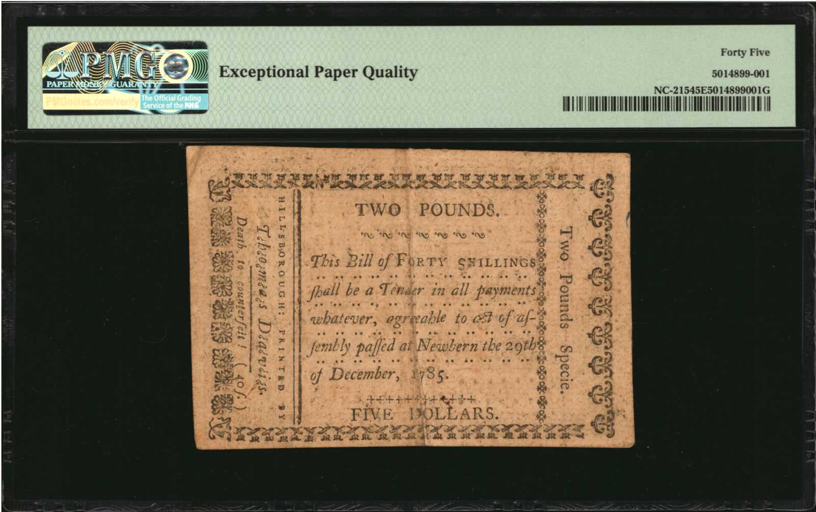 image for: NC-215. North Carolina. December 29, 1785. 40 Shillings. PMG Choice Extremely Fine 45 EPQ.
