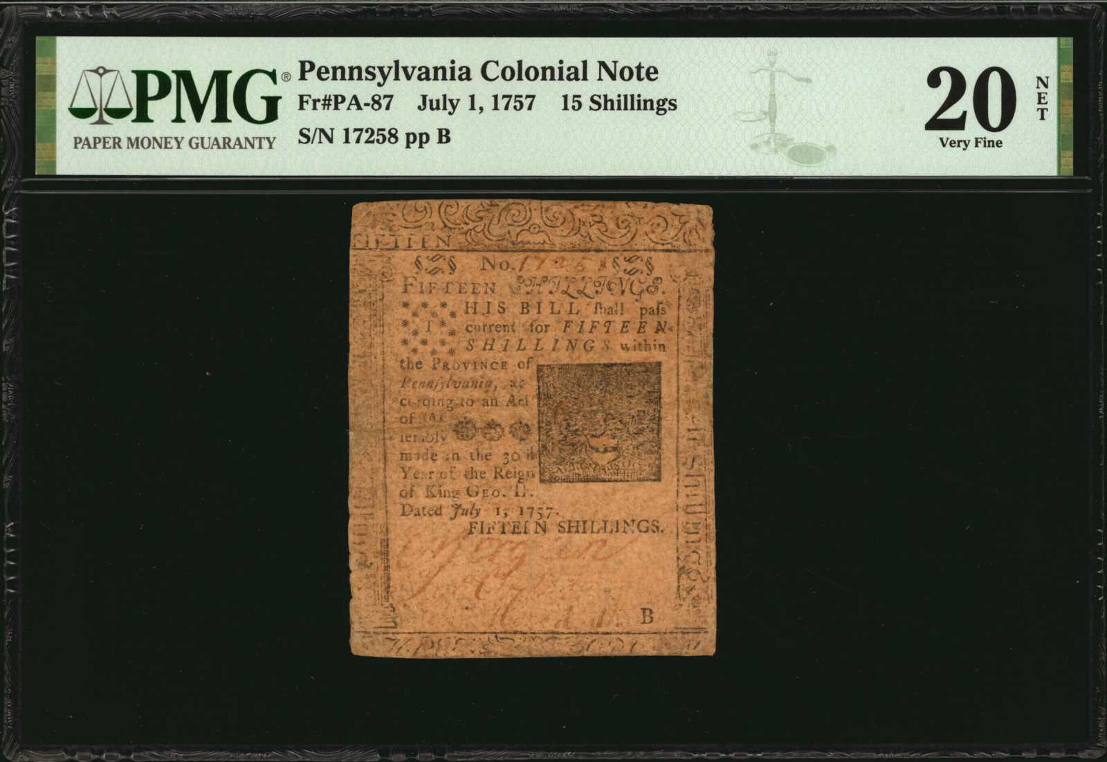 image for: PA-87. Pennsylvania. July 1, 1757. 15 Shillings. PMG Very Fine 20 Net. Repaired.
