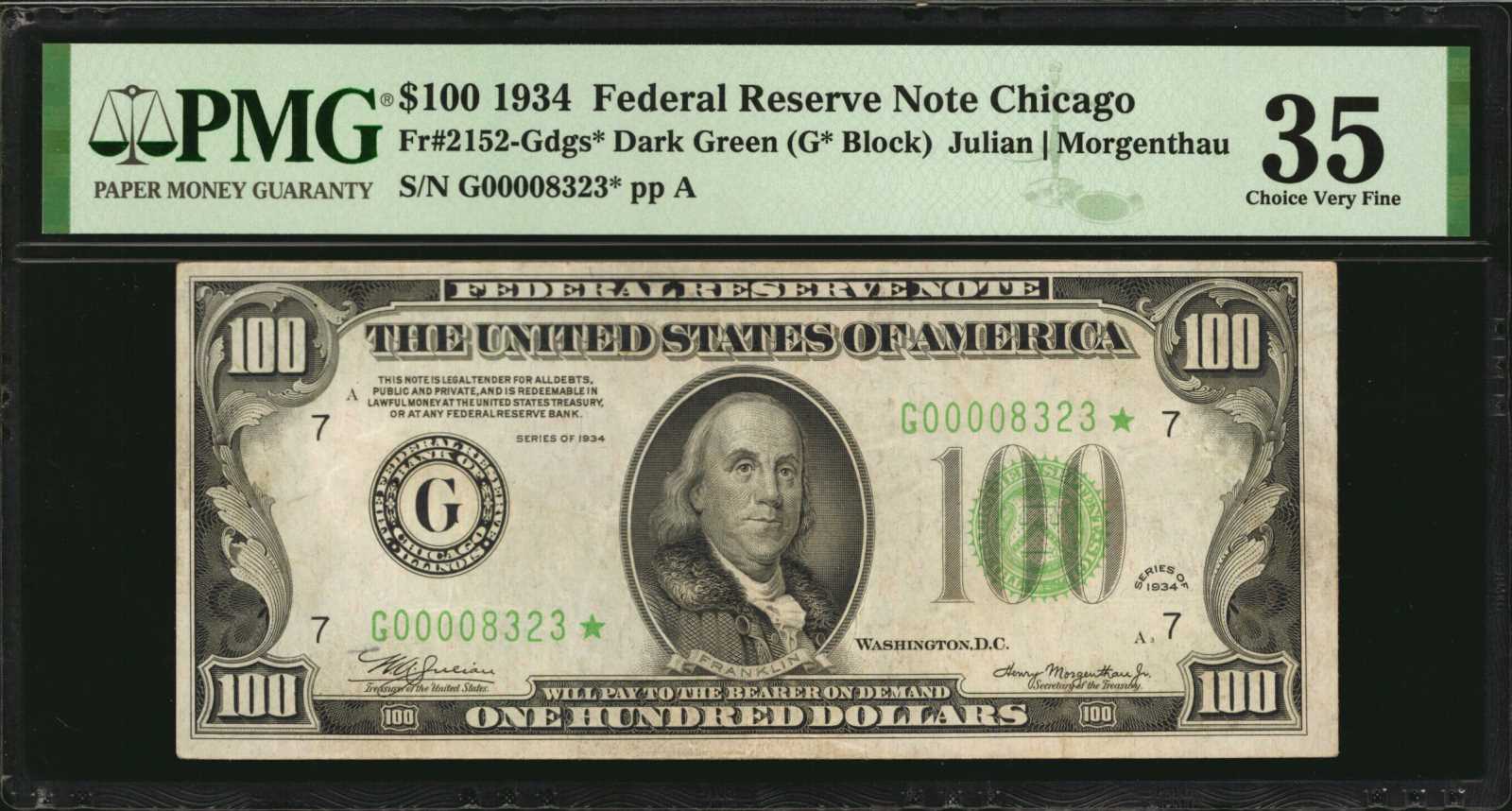 image for: Fr. 2152-Gdgs*. 1934 $100 Federal Reserve Star Note. Chicago. PMG Choice Very Fine 35.