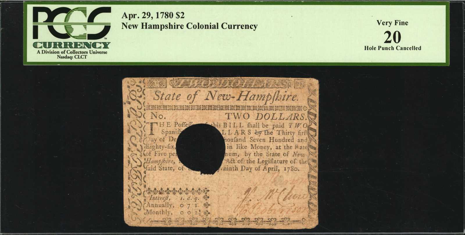 image for: NH-180. New Hampshire. April 29, 1780. $2. PCGS Currency Very Fine 20.