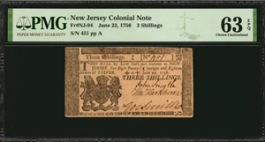 image for: NJ-94. New Jersey. June 22, 1756. 3 Shillings. PMG Choice Uncirculated 63 EPQ.