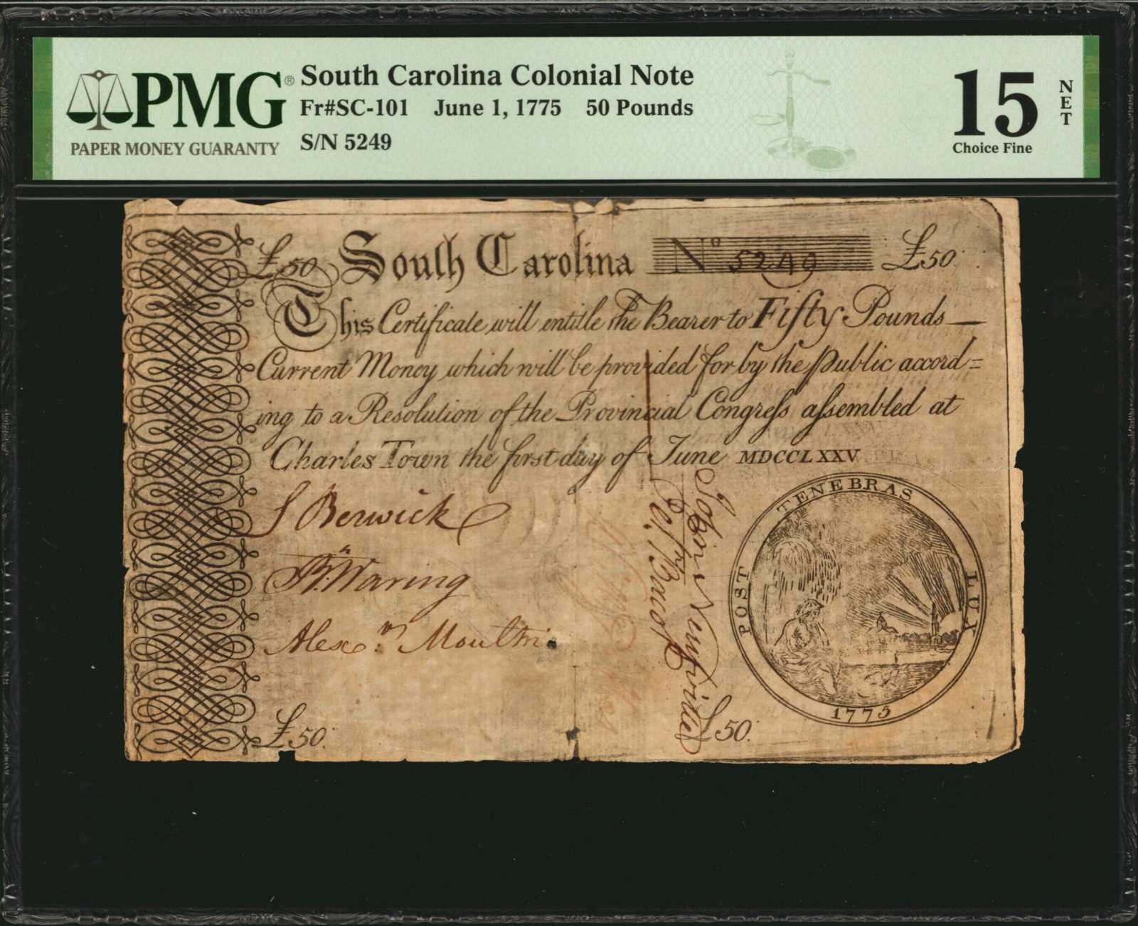 image for: SC-101. South Carolina. June 1, 1775. 50 Pound. PMG Choice Fine 15 Net. Tape Repairs.
