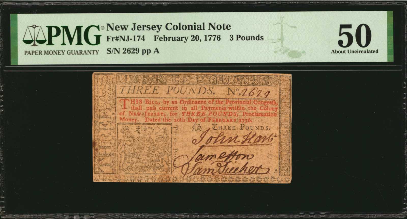 image for: NJ-174. New Jersey. February 20, 1776. 3 Pounds. PMG About Uncirculated 50.