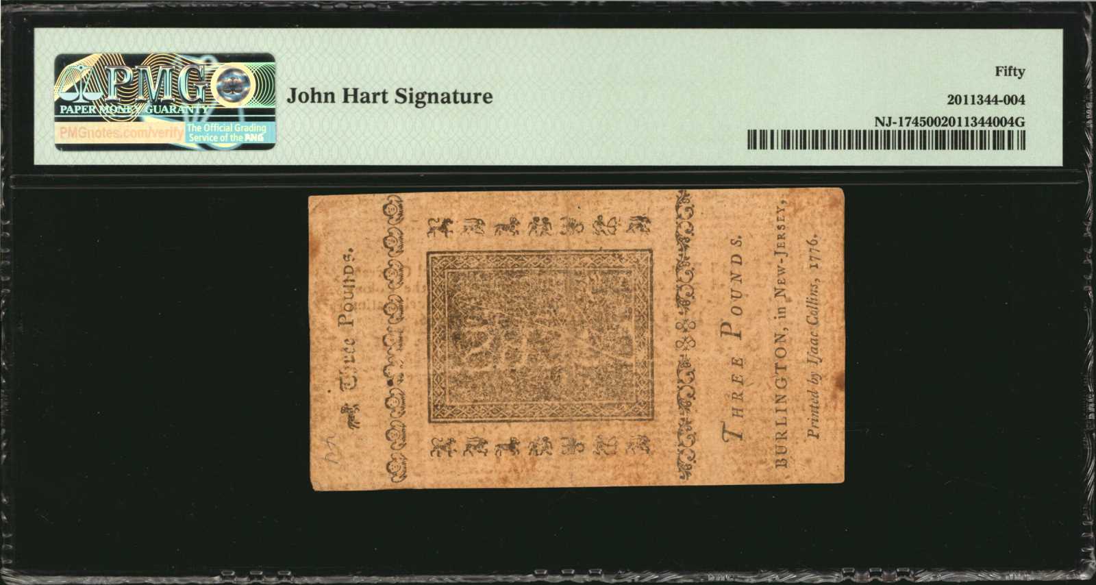 image for: NJ-174. New Jersey. February 20, 1776. 3 Pounds. PMG About Uncirculated 50.