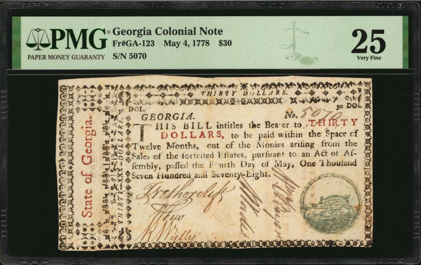 image for: GA-123. Georgia. May 4, 1778. $30. PMG Very Fine 25.