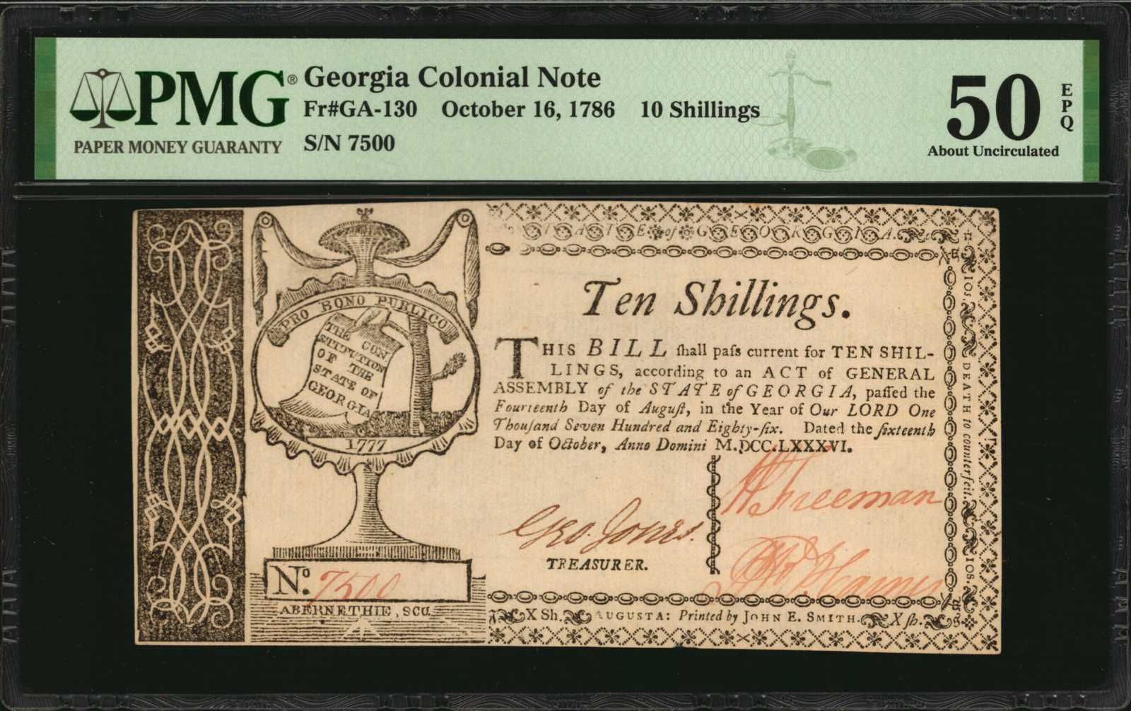 image for: GA-130. Georgia. October 16, 1786. 10 Shillings. PMG About Uncirculated 50 EPQ.