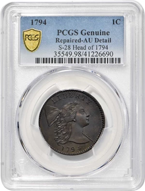 image for: 1794 Liberty Cap Cent. S-28. Rarity-2+. Head of 1794. AU Details--Repaired (PCGS).