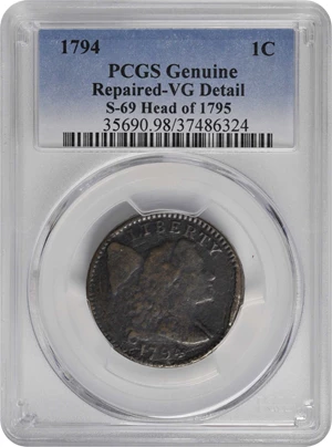 image for: 1794 Liberty Cap Cent. S-69. Rarity-3. Head of 1795. VG Details--Repaired (PCGS).