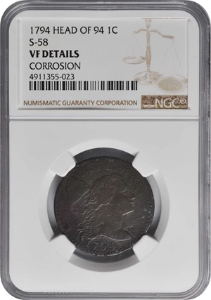 image for: 1794 Liberty Cap Cent. S-58. Rarity-3. Head of 1794. VF Details--Corrosion (NGC).