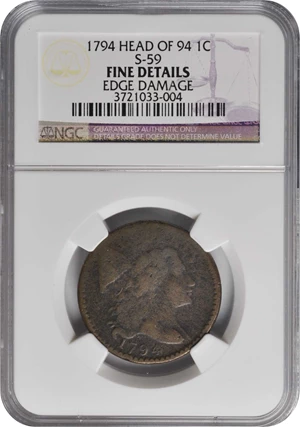 image for: 1794 Liberty Cap Cent. S-59. Rarity-3. Head of 1794. Fine Details--Edge Damage (NGC).