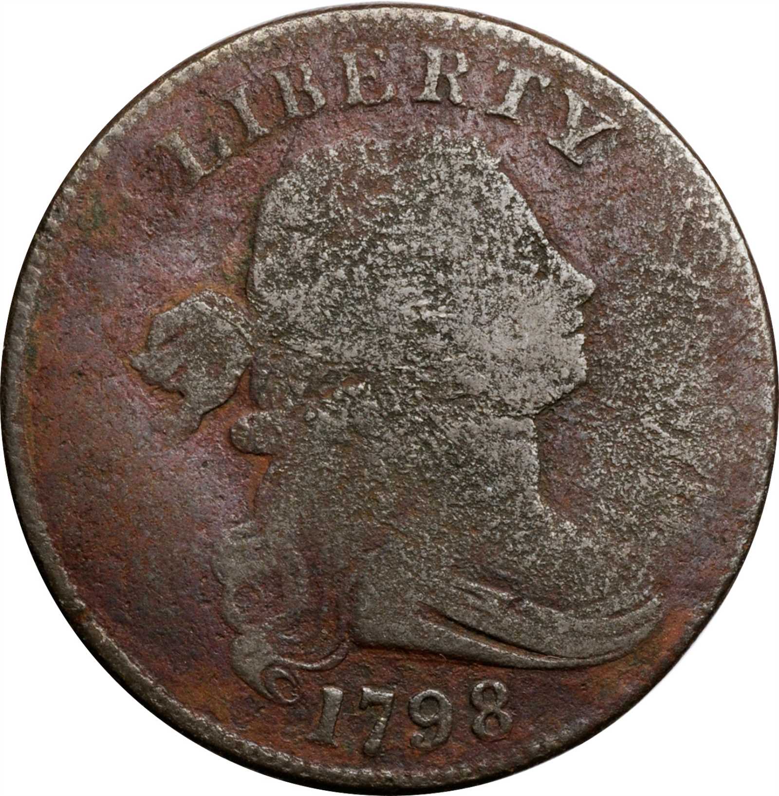 image for: 1798 Draped Bust Cent. S-162. Rarity-4. Style I Hair. VG-8, Environmental Damage.